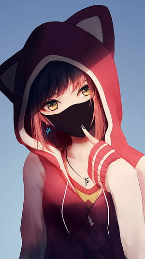 Anime Girl in Red Cat-Ear Hoodie with Black Face Mask and Golden Eyes HD phone wallpaper