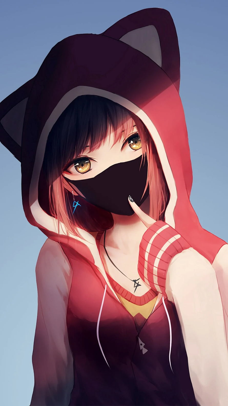 Anime Girl in Red Cat-Ear Hoodie with Black Face Mask and Golden Eyes HD phone wallpaper