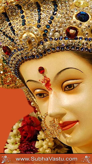 Maa Durga Divine Face With Ornate Crown And Floral Garland HD phone wallpaper