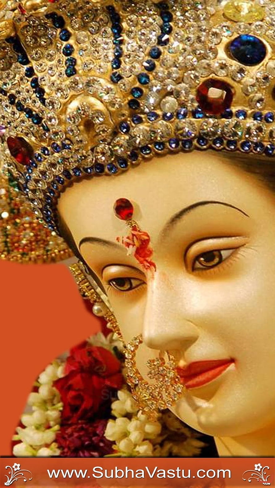 Maa Durga Divine Face With Ornate Crown And Floral Garland HD phone wallpaper
