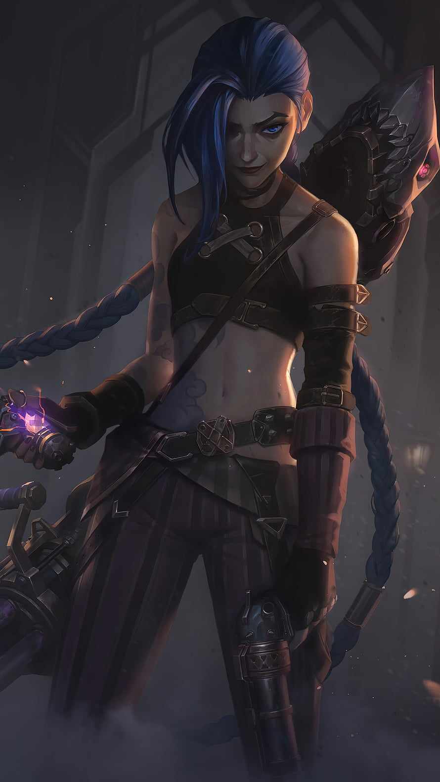 Jinx from Arcane and League of Legends in dark tactical gear with glowing weapon HD phone wallpaper