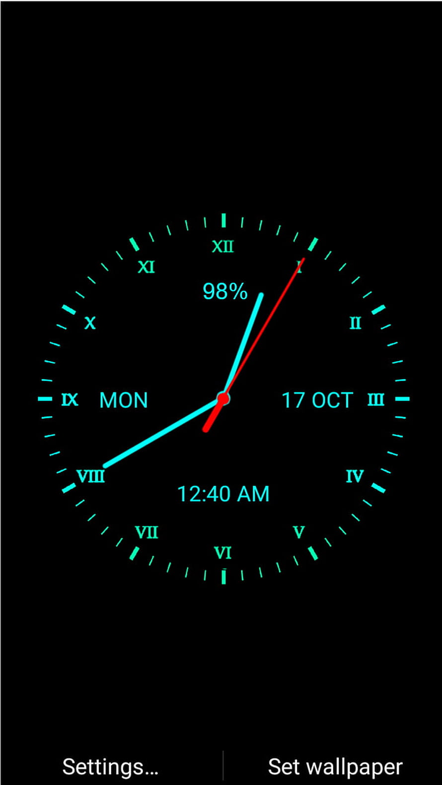 Minimalist Analog Clock Face with Cyan Roman Numerals on Black Background HD phone wallpaper