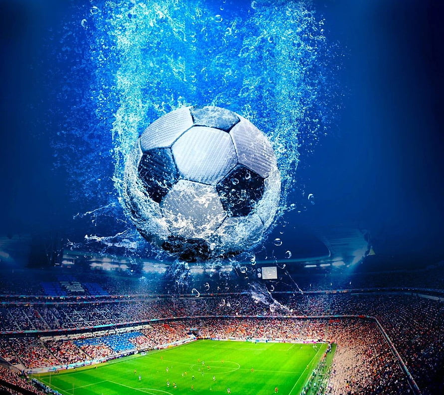 Soccer Ball Bursting Through Water Above a Packed Stadium HD wallpaper