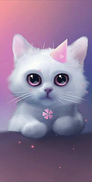 Adorable White Kitten with Pink Party Hat and Sparkling Collar on Pastel Background HD phone wallpaper