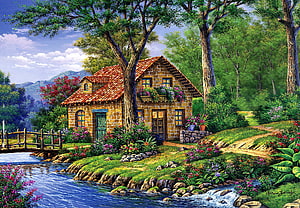 Painted Countryside Cottage with Flower Garden and Stream Bridge HD wallpaper