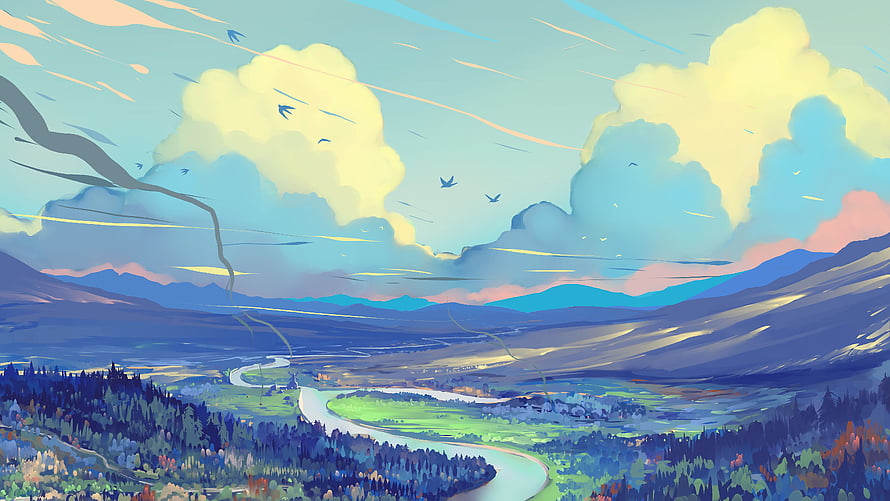 Surreal Digital Landscape with Winding River, Rolling Hills, and Stylized Clouds HD wallpaper