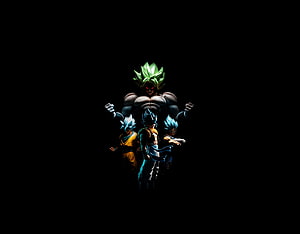 Dragon Ball Super Broly, Goku, Vegeta, and Gogeta in Dark Blue and Green Super Saiyan Forms HD wallpaper