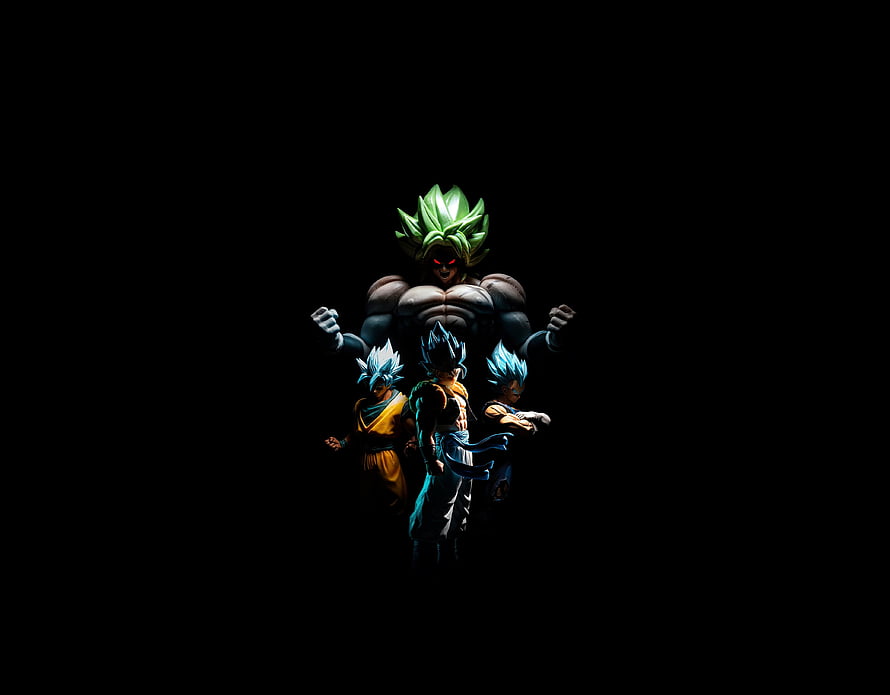 Dragon Ball Super Broly, Goku, Vegeta, and Gogeta in Dark Blue and Green Super Saiyan Forms HD wallpaper
