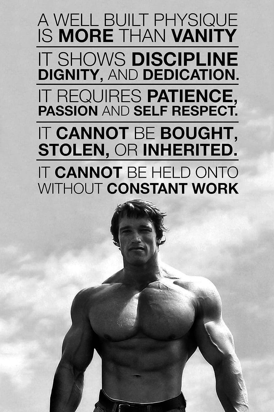 Black and white Arnold Schwarzenegger bodybuilding portrait with motivational fitness quote HD phone wallpaper