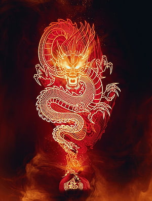 Glowing Golden Chinese Fire Dragon with Fortune Bag in Fiery Red Smoke HD phone wallpaper
