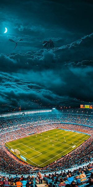 Nou Camp Stadium Under Dramatic Stormy Sky With Pterodactyls And Crescent Moon HD phone wallpaper