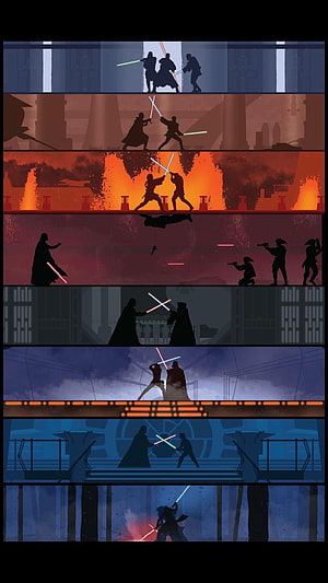 Star Wars Lightsaber Duel Silhouettes Across Multiple Cinematic Battle Scenes HD phone wallpaper