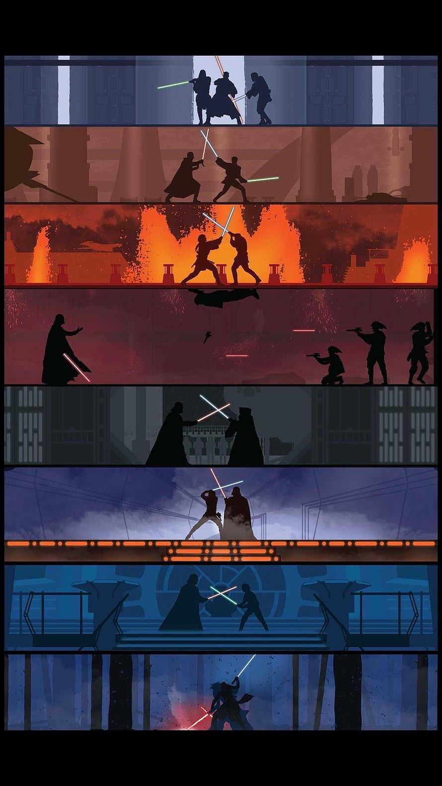 Star Wars Lightsaber Duel Silhouettes Across Multiple Cinematic Battle Scenes HD phone wallpaper