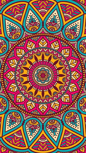Vibrant Hindu Mandala Pattern with Intricate Geometric Floral Design in Pink, Teal, and Gold HD phone wallpaper