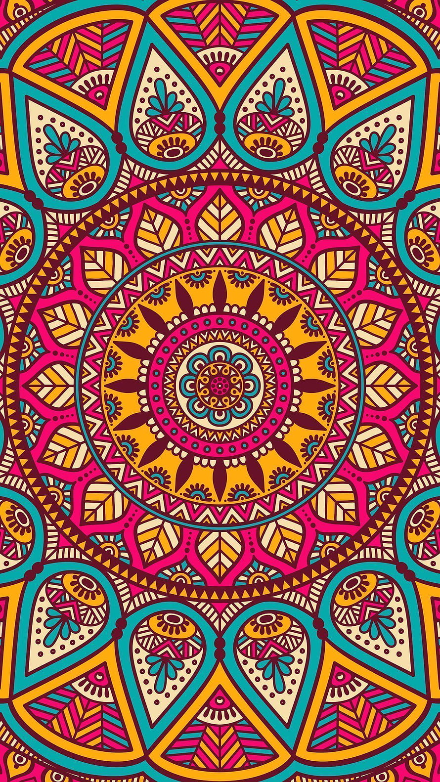 Vibrant Hindu Mandala Pattern with Intricate Geometric Floral Design in Pink, Teal, and Gold HD phone wallpaper