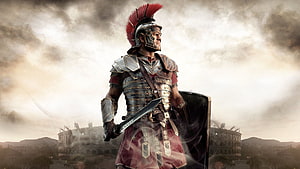 Roman Legionary Warrior in Full Armor with Gladius and Shield Before the Colosseum HD wallpaper