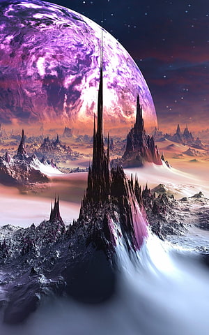Alien Planet Landscape with Jagged Spire Mountains and Purple Gas Giant HD phone wallpaper