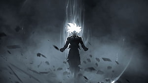 Dark Silhouette of a Super Saiyan Character with Glowing Aura and Floating Debris HD wallpaper