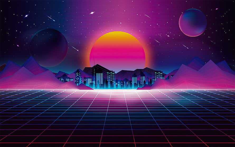 Retro Synthwave Cityscape with Neon Grid Floor and Gradient Sunset Sky HD wallpaper
