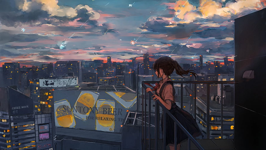 Anime Girl on Rooftop Balcony Gazing at City Skyline at Dusk HD wallpaper