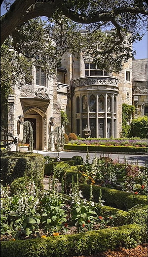 Historic Stone Manor House With Ornate Bay Window And Manicured Formal Garden HD phone wallpaper