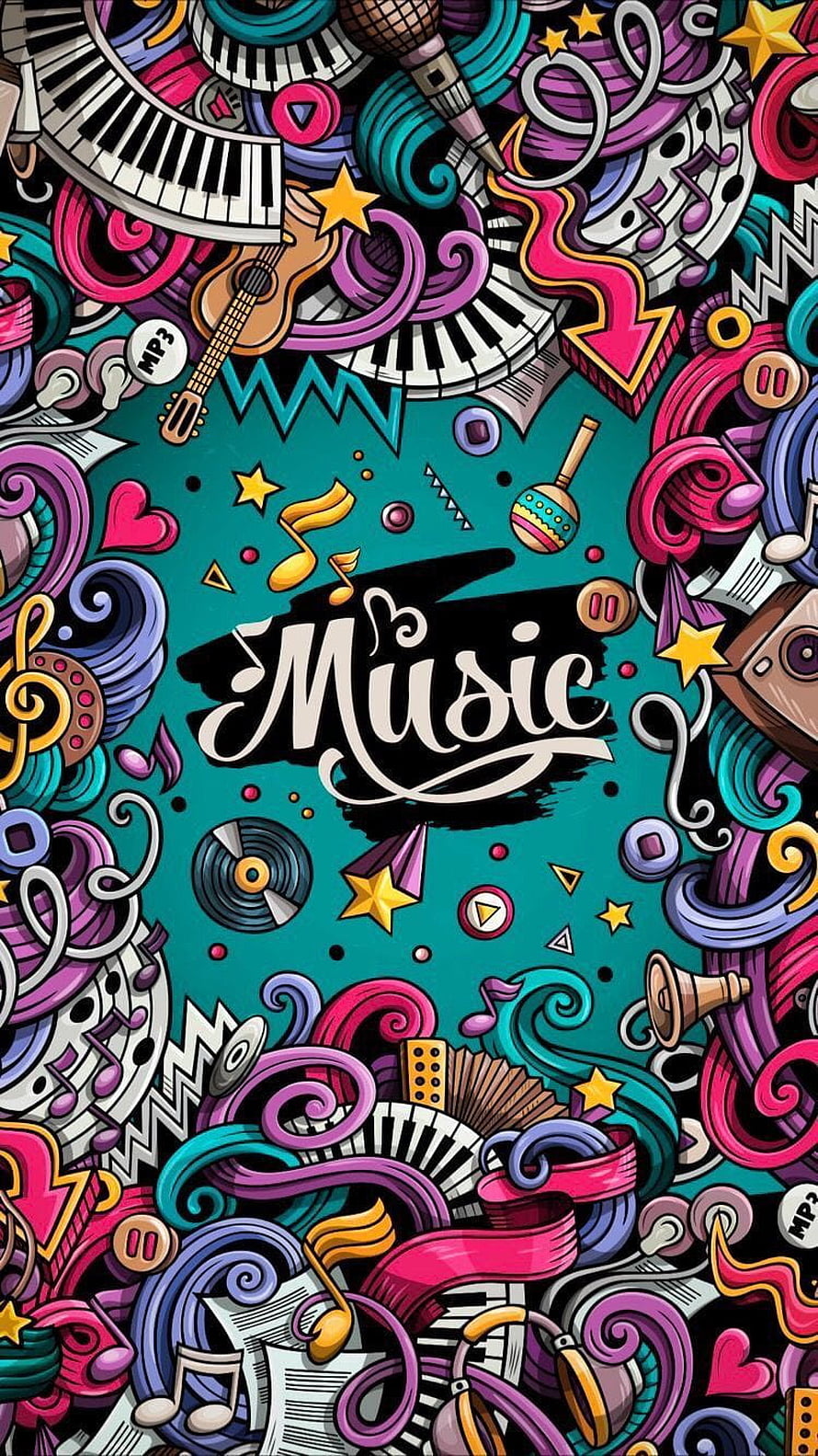 Colorful Music Doodle Art with Instruments and Notes on Teal Background HD phone wallpaper