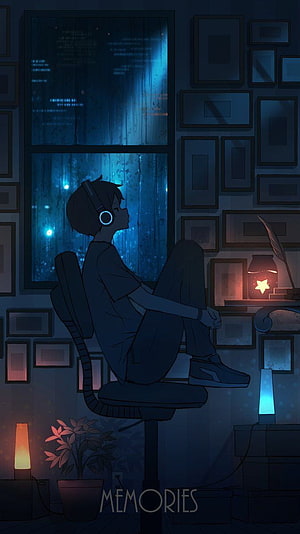 Lofi Boy Sitting in a Dark Room at Night with Headphones and Rainy Window HD phone wallpaper