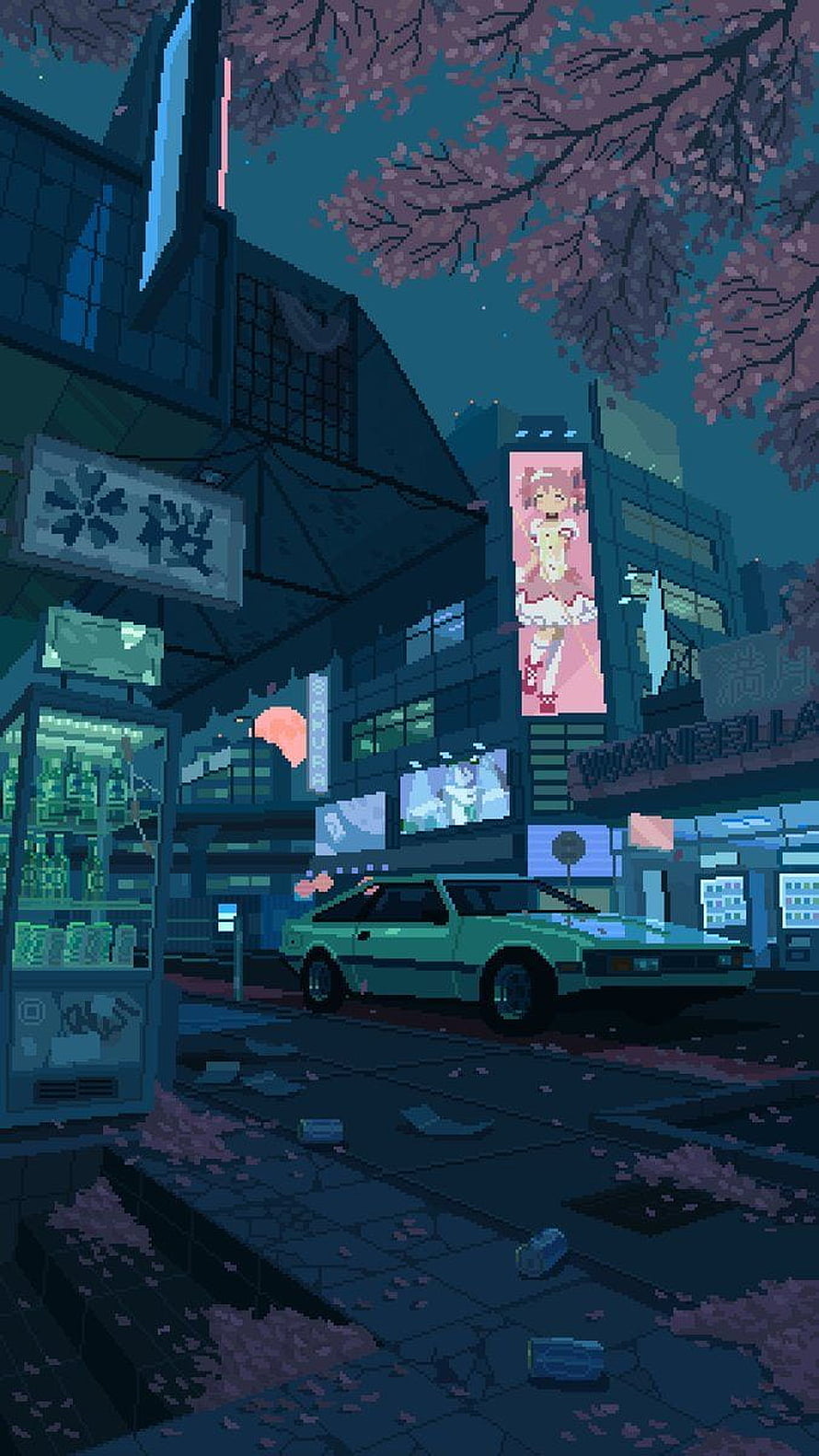 Pixel Art Cyberpunk Street Scene with Cherry Blossoms and Retro Car HD phone wallpaper