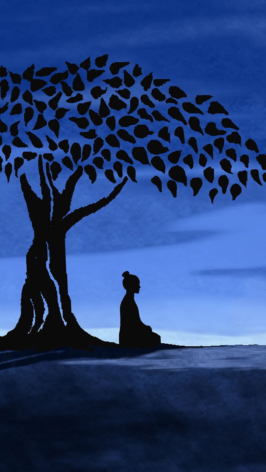 Silhouette of a Meditating Figure Under a Large Tree Against a Deep Blue Sky HD phone wallpaper