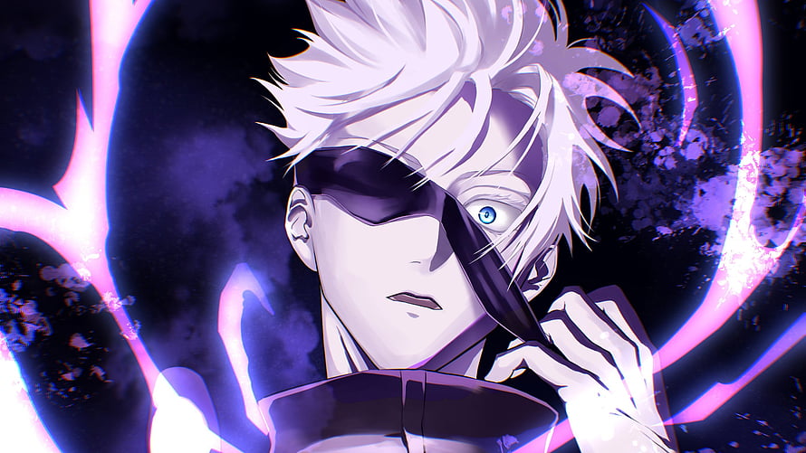Satoru Gojo from Jujutsu Kaisen with white hair and glowing purple energy aura HD wallpaper
