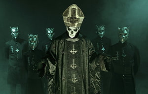 Ghost Band Papa Emeritus and Nameless Ghouls in Dark Ritualistic Attire HD wallpaper