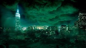 New York City Skyline Under Green Storm Clouds with Empire State Building HD wallpaper