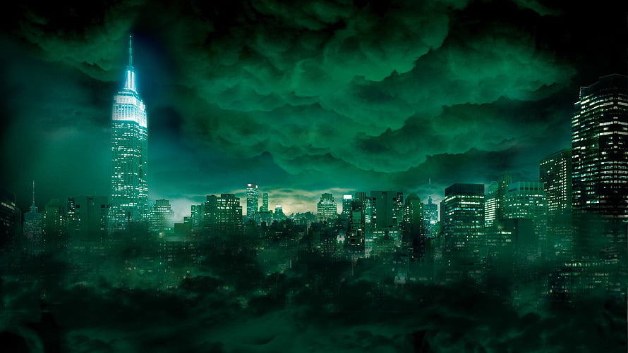 New York City Skyline Under Green Storm Clouds with Empire State Building HD wallpaper
