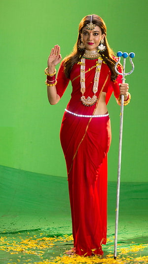 Kajal Agarwal as Goddess Durga in Red Saree Holding Trident HD phone wallpaper