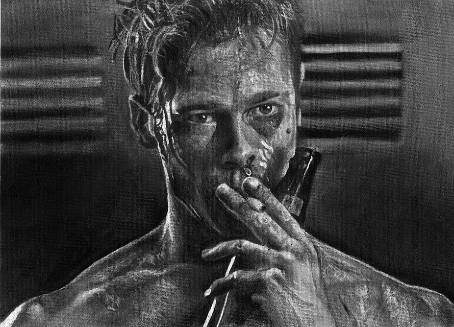 Tyler Durden from Fight Club in a gritty black and white portrait holding a cigarette HD wallpaper