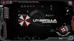 Umbrella Corporation Sci-Fi Desktop Interface with Red Umbrella Logo and System Dashboard HD wallpaper