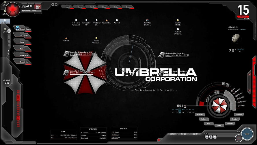 Umbrella Corporation Sci-Fi Desktop Interface with Red Umbrella Logo and System Dashboard HD wallpaper
