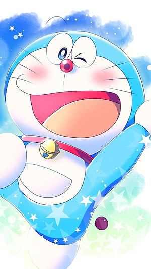 Doraemon Winking and Laughing Joyfully Under a Starry Blue Sky HD phone wallpaper