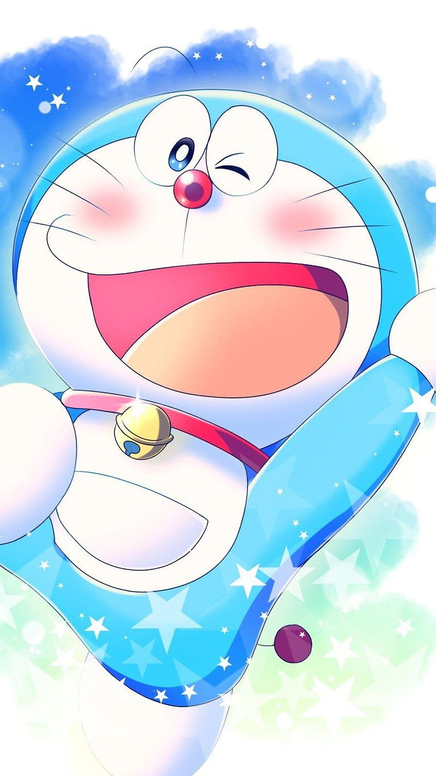 Doraemon Winking and Laughing Joyfully Under a Starry Blue Sky HD phone wallpaper