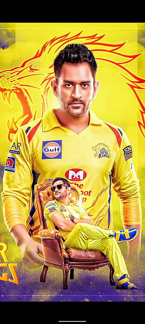 MS Dhoni in Chennai Super Kings Jersey with Royal Throne and Lion Graphic HD phone wallpaper