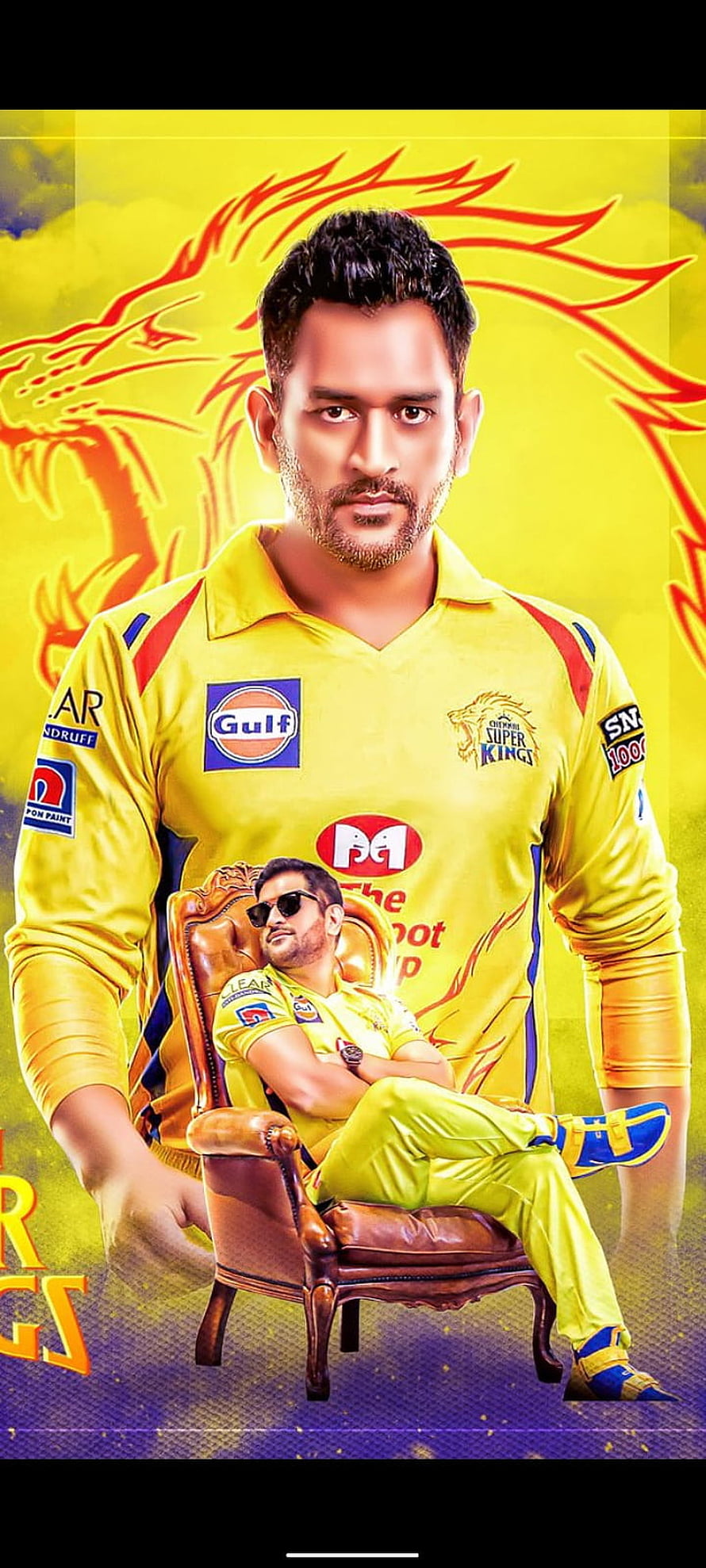 MS Dhoni in Chennai Super Kings Jersey with Royal Throne and Lion Graphic HD phone wallpaper