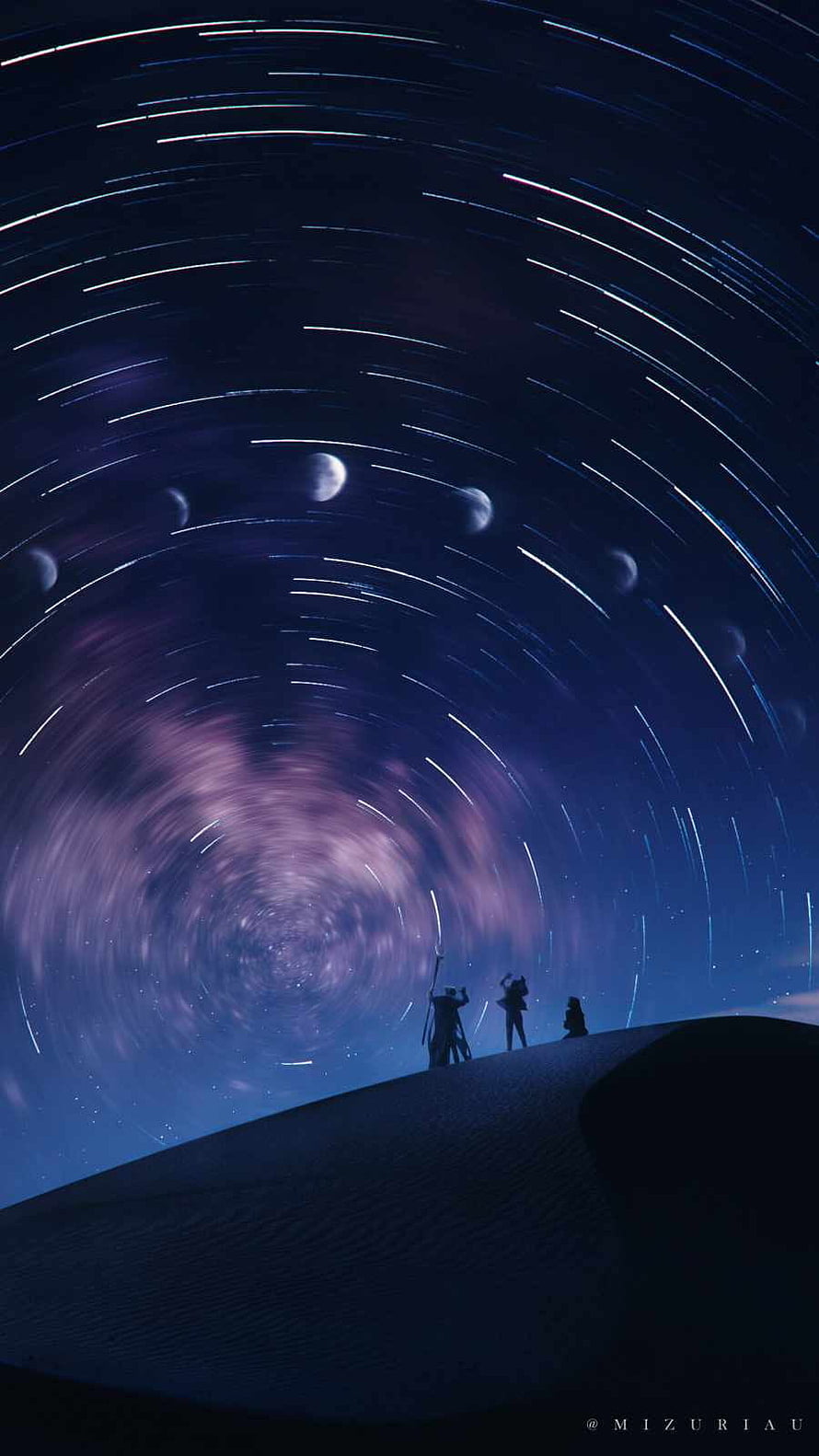 Starry Night Sky with Star Trails and Moons Over a Desert Dune HD phone wallpaper