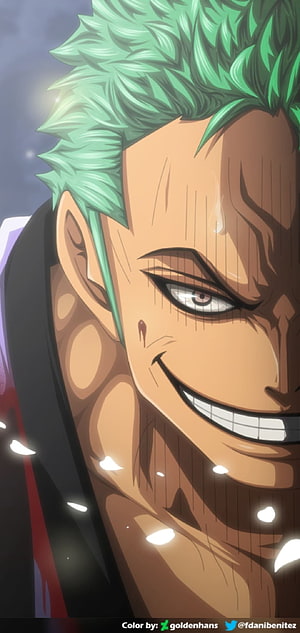 Roronoa Zoro Close-Up Anime Portrait with Green Hair and Intense Grin HD phone wallpaper