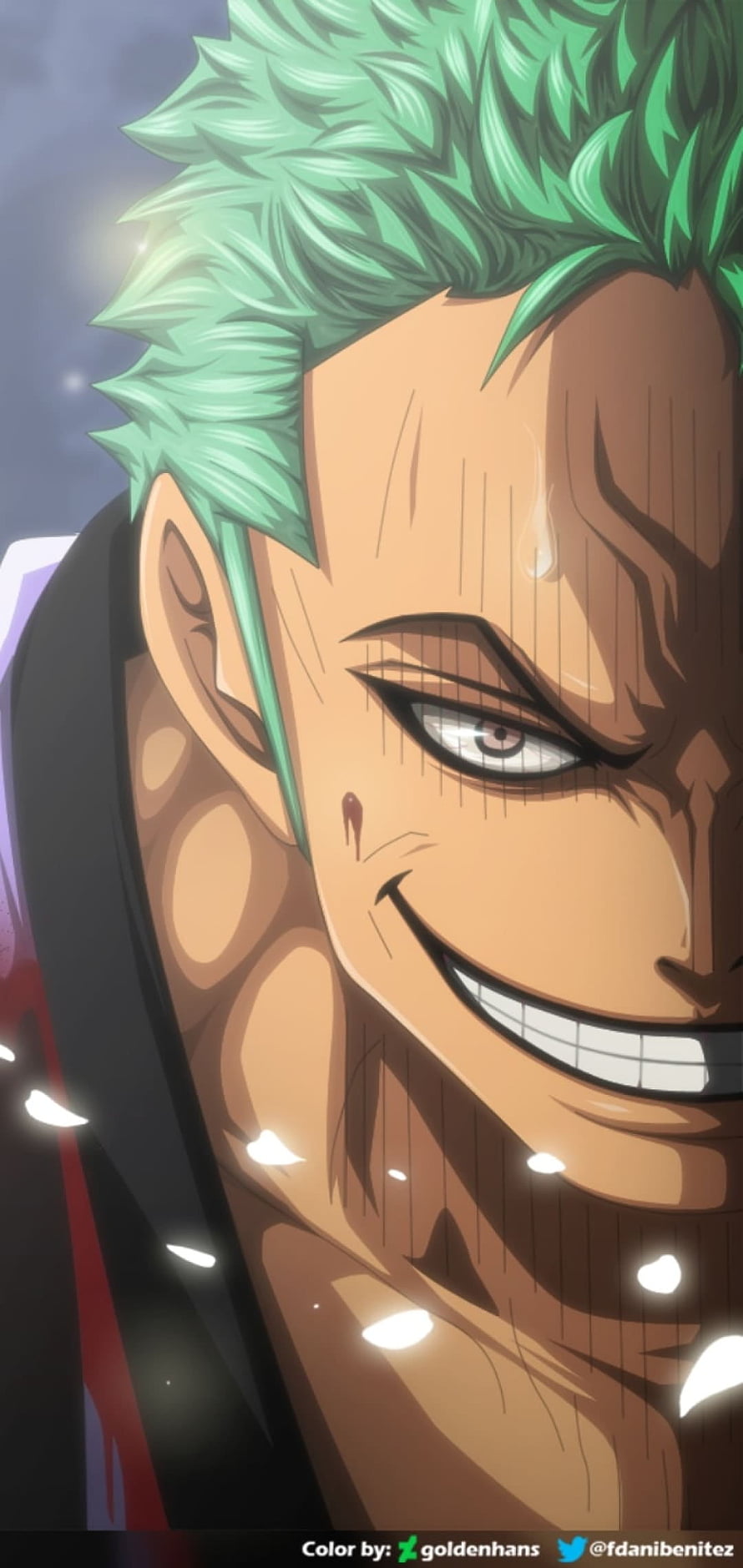 Roronoa Zoro Close-Up Anime Portrait with Green Hair and Intense Grin HD phone wallpaper