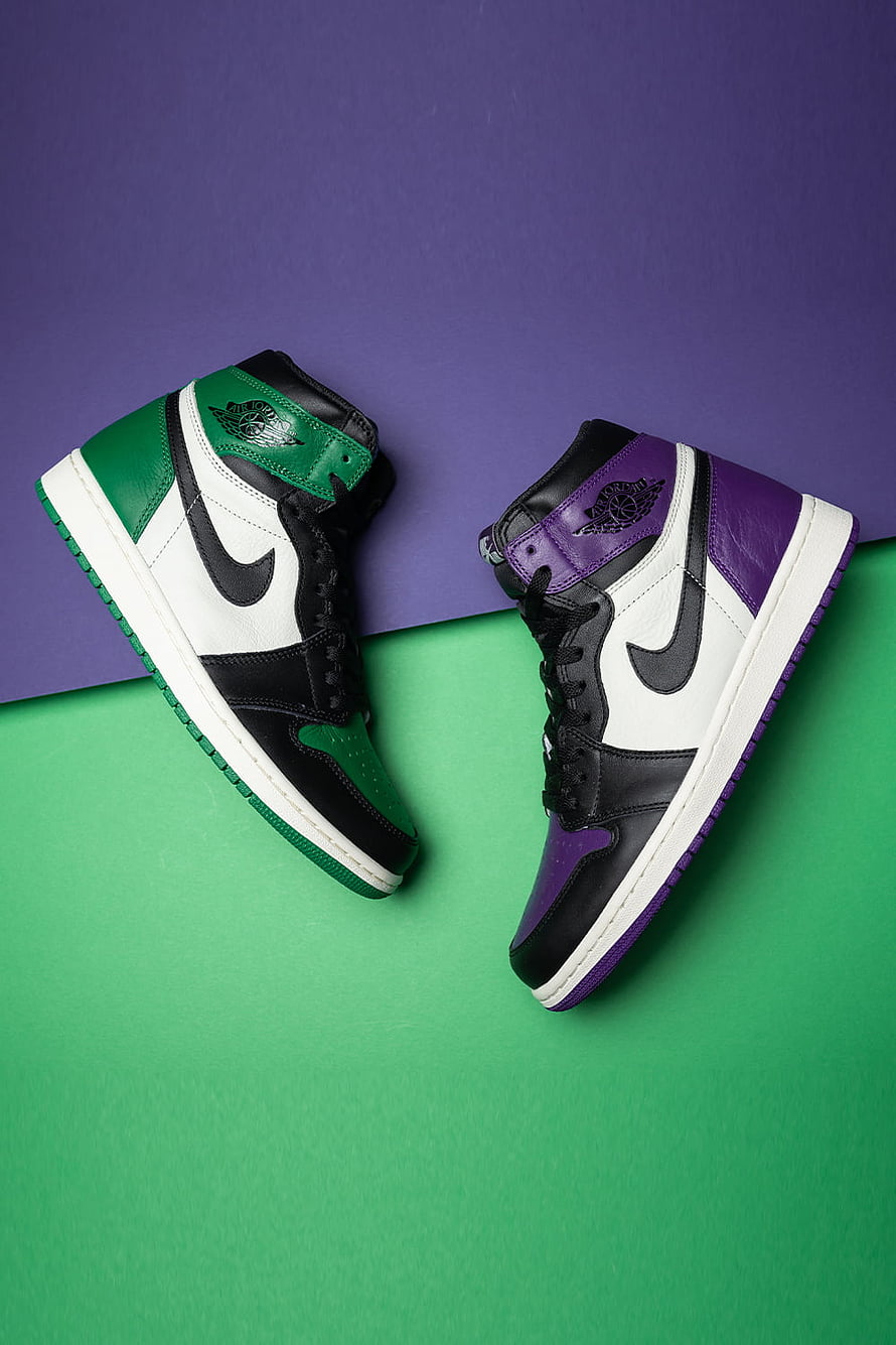 Air Jordan 1 Retro High Pine Green and Court Purple Colorway Sneakers HD phone wallpaper