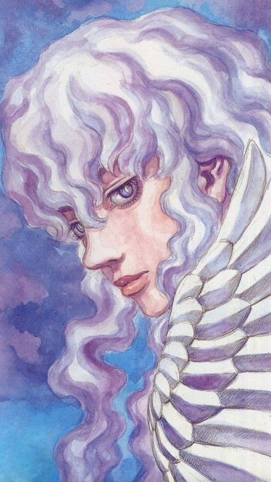 Griffith from Berserk with white wings and flowing silver hair in a watercolor portrait HD phone wallpaper