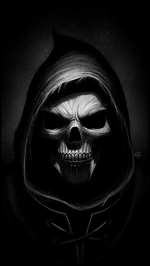 Grim Reaper Skull in Dark Hooded Cloak, Monochrome Gothic Horror Illustration HD phone wallpaper