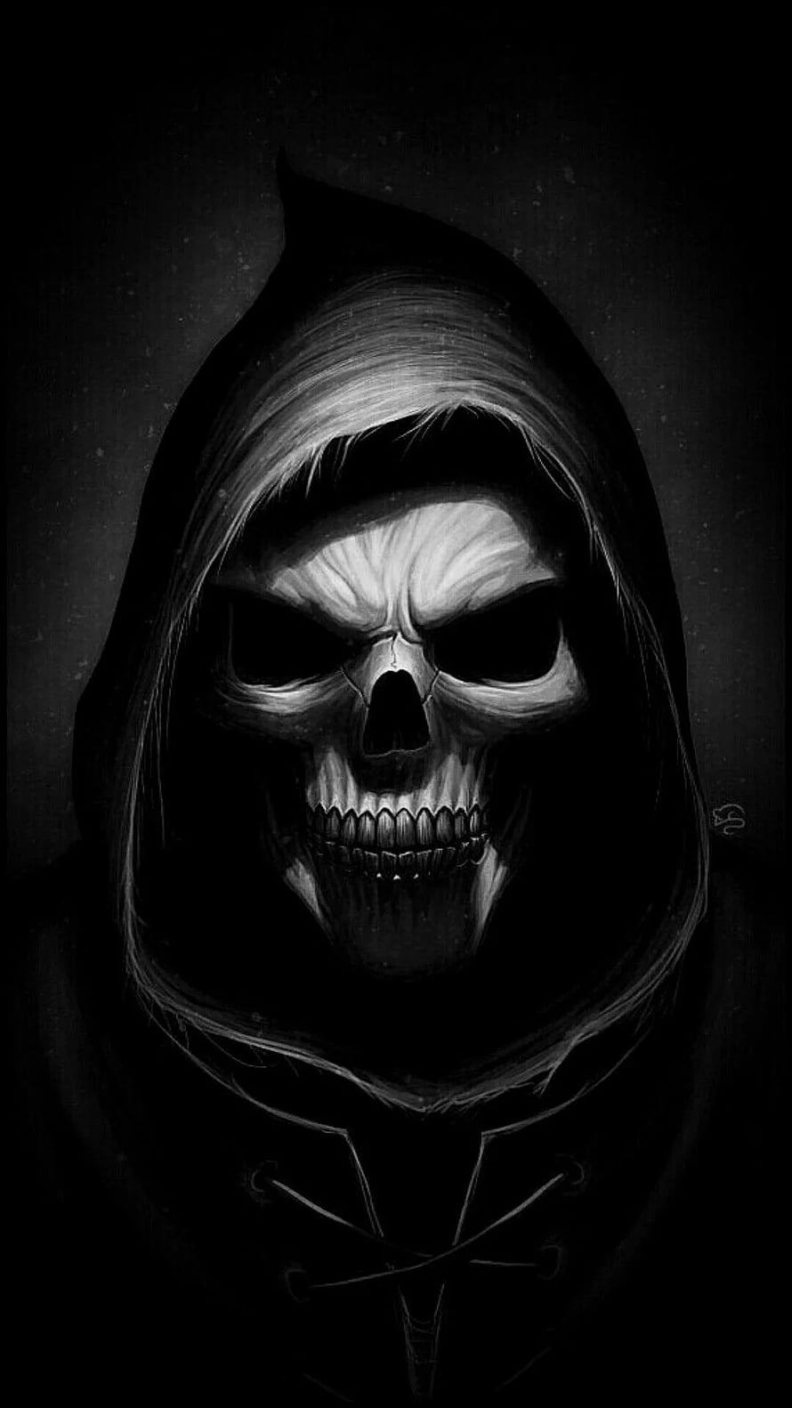 Grim Reaper Skull in Dark Hooded Cloak, Monochrome Gothic Horror Illustration HD phone wallpaper