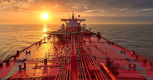 Oil tanker ship deck at golden hour with sunset over the open ocean HD wallpaper