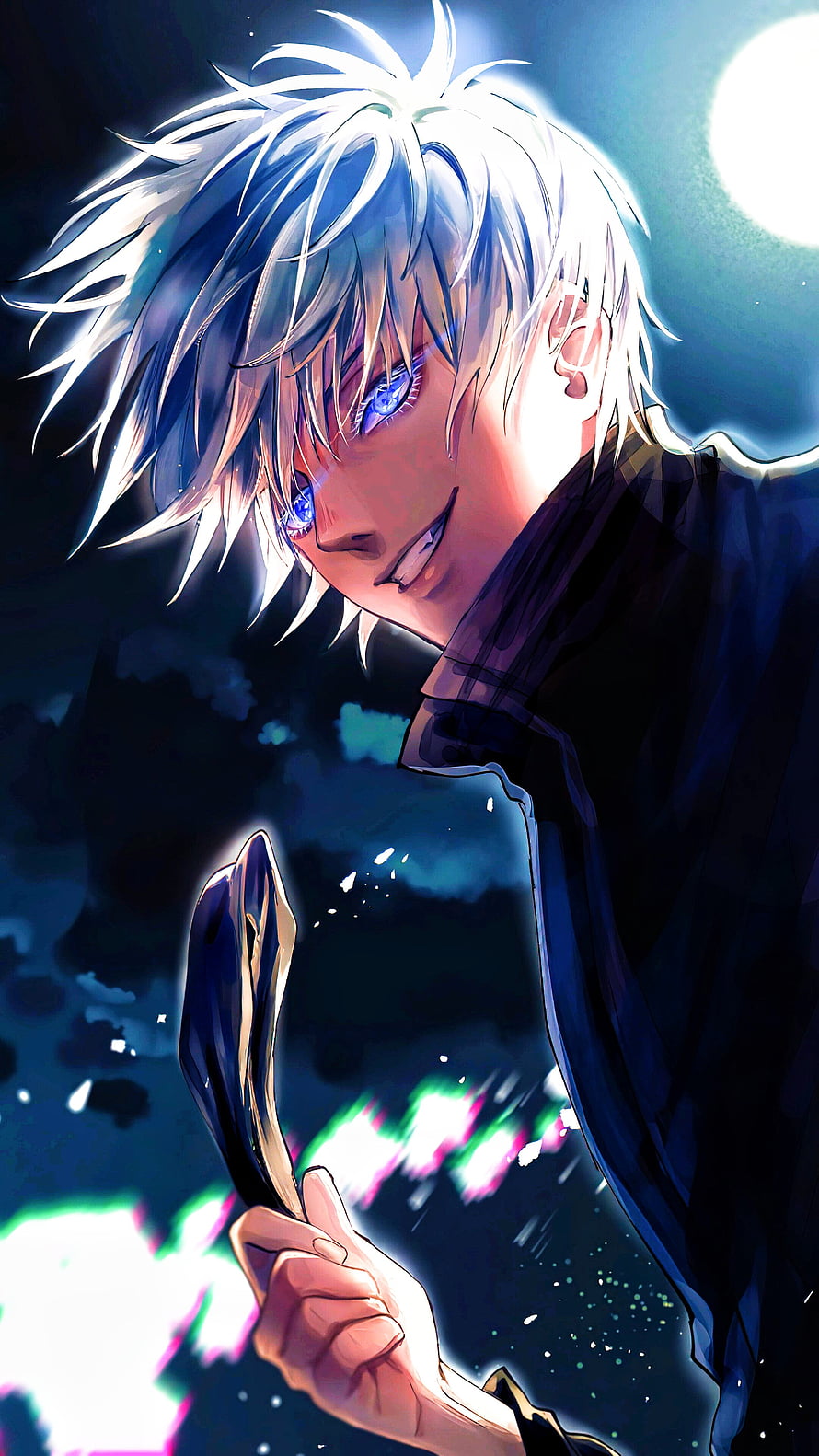 Gojo Satoru Anime Character with Glowing Blue Eyes and White Hair in Dark Setting HD phone wallpaper